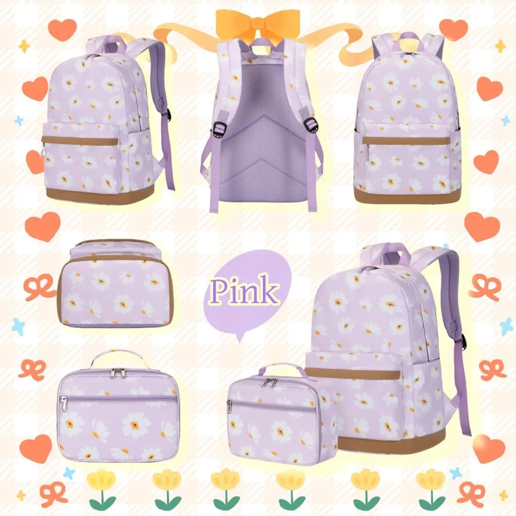 EKUIZAI 2Pcs Daisy Prints Backpack Sets for Girl Bookbag Primary Schoolbag Elementary Students Daypack with Lunch Bag