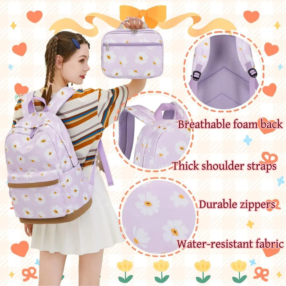 EKUIZAI 2Pcs Daisy Prints Backpack Sets for Girl Bookbag Primary Schoolbag Elementary Students Daypack with Lunch Bag