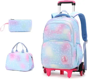 EKUIZAI 3PCS Colorful Heart Print Trolley Backpack Sets Elementary School Students Rolling Bookbag Cute Girls Backpack with Wheels