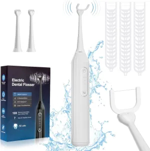 Electric Flosser - Electric Dental Flosser for Teeth with 3 Modes   50 Replacement Floss Heads, Easy Gliding Floss for Gentle Gum Care, Dental Flosser Kit for Teeth Cleaning - White