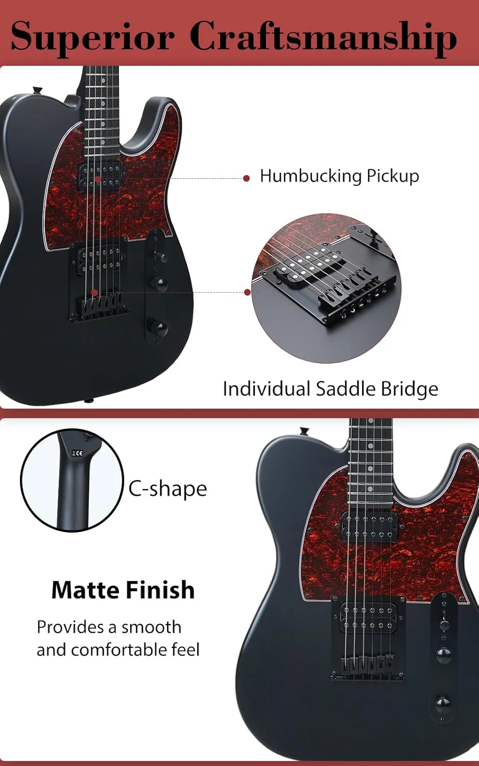 Electric Guitar Kit, 39 Inch Solid Poplar Right Hand Guitar Electric for Professional Player with Amp   Straps   4*Guitar Picks   6*String Set   Tuner   Cable   Electric Guitar Bag