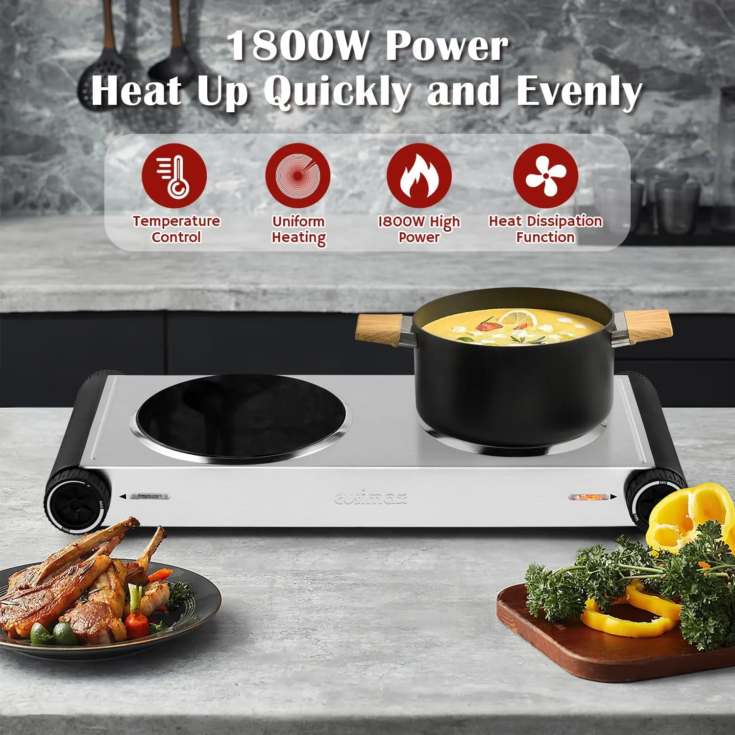 Electric Hot Plate,Cusimax Double Portable Electric Stove,1800w Infrared,Adjustable Temperature Control,Ceramic Glass Cooktop Burner,Compatible Of All Cookware,Stainless Steel,Silver Black