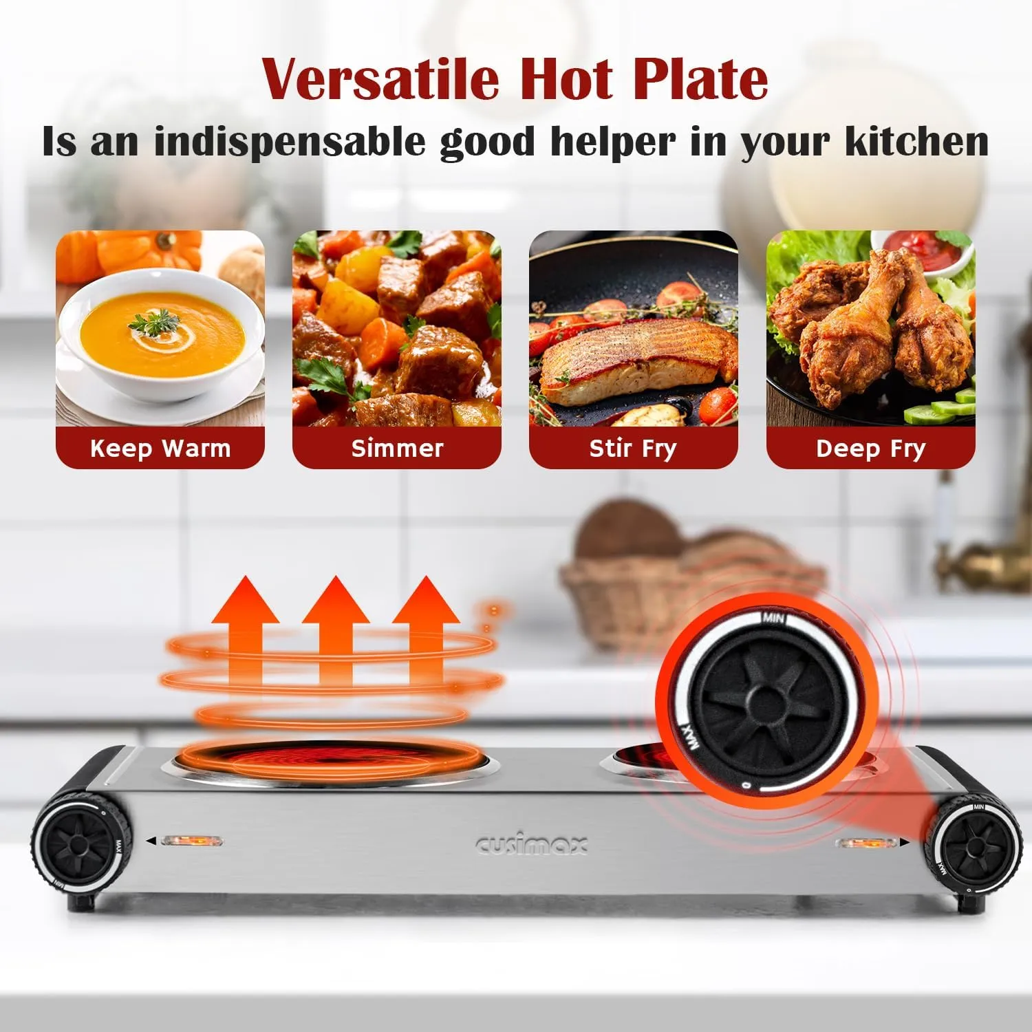 Electric Hot Plate,Cusimax Double Portable Electric Stove,1800w Infrared,Adjustable Temperature Control,Ceramic Glass Cooktop Burner,Compatible Of All Cookware,Stainless Steel,Silver Black
