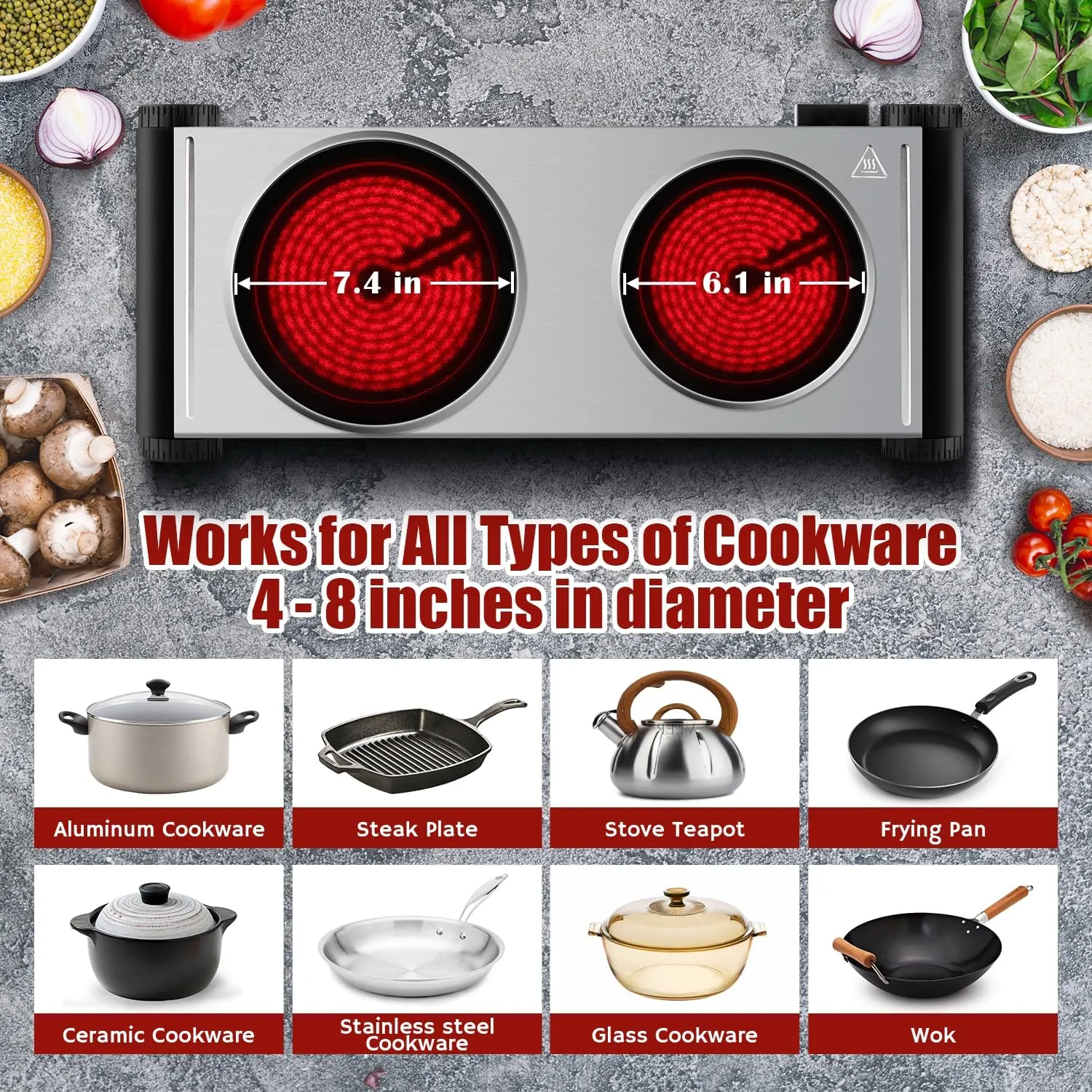 Electric Hot Plate,Cusimax Double Portable Electric Stove,1800w Infrared,Adjustable Temperature Control,Ceramic Glass Cooktop Burner,Compatible Of All Cookware,Stainless Steel,Silver Black