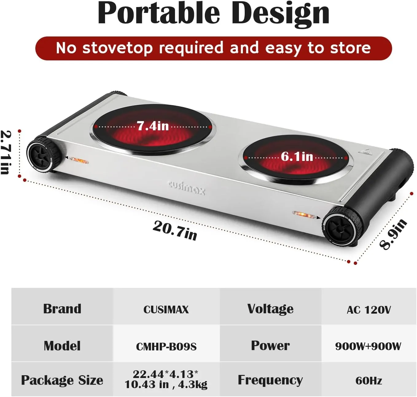 Electric Hot Plate,Cusimax Double Portable Electric Stove,1800w Infrared,Adjustable Temperature Control,Ceramic Glass Cooktop Burner,Compatible Of All Cookware,Stainless Steel,Silver Black