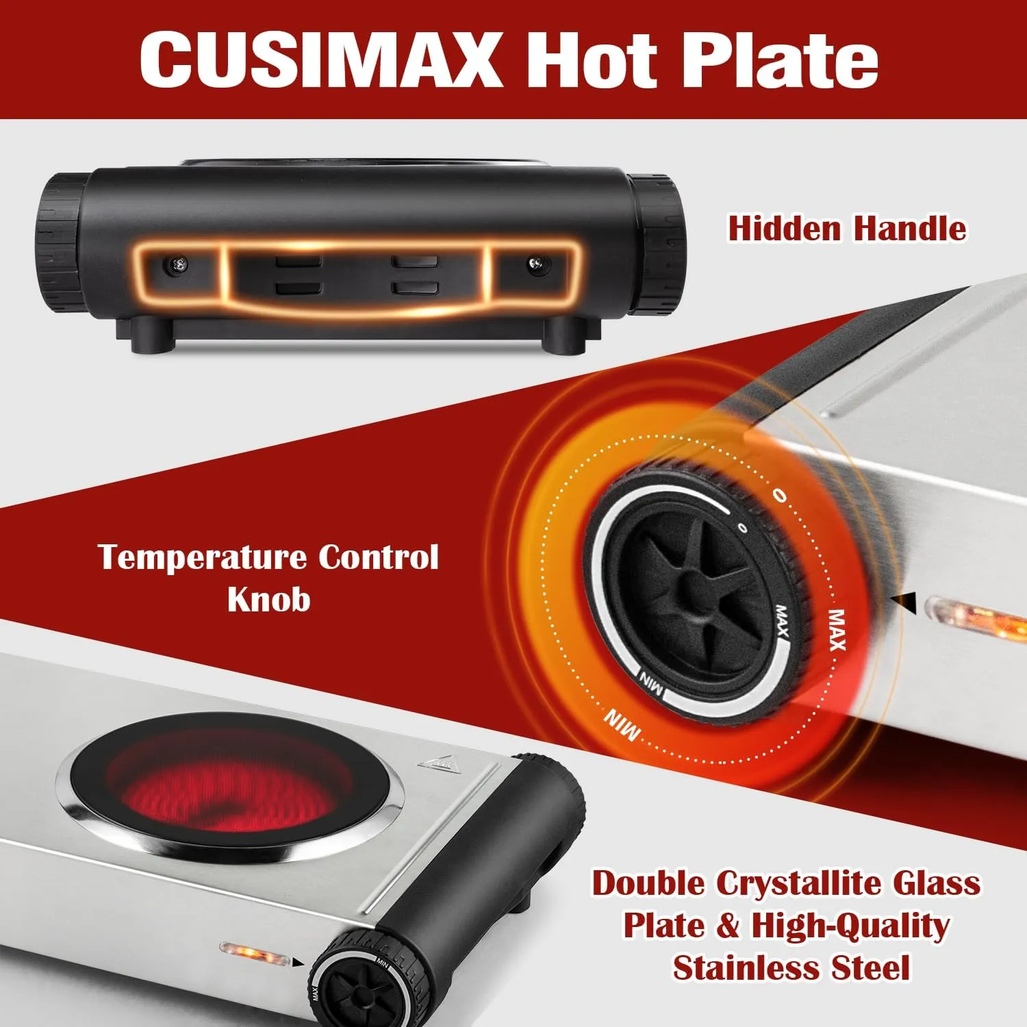 Electric Hot Plate,Cusimax Double Portable Electric Stove,1800w Infrared,Adjustable Temperature Control,Ceramic Glass Cooktop Burner,Compatible Of All Cookware,Stainless Steel,Silver Black