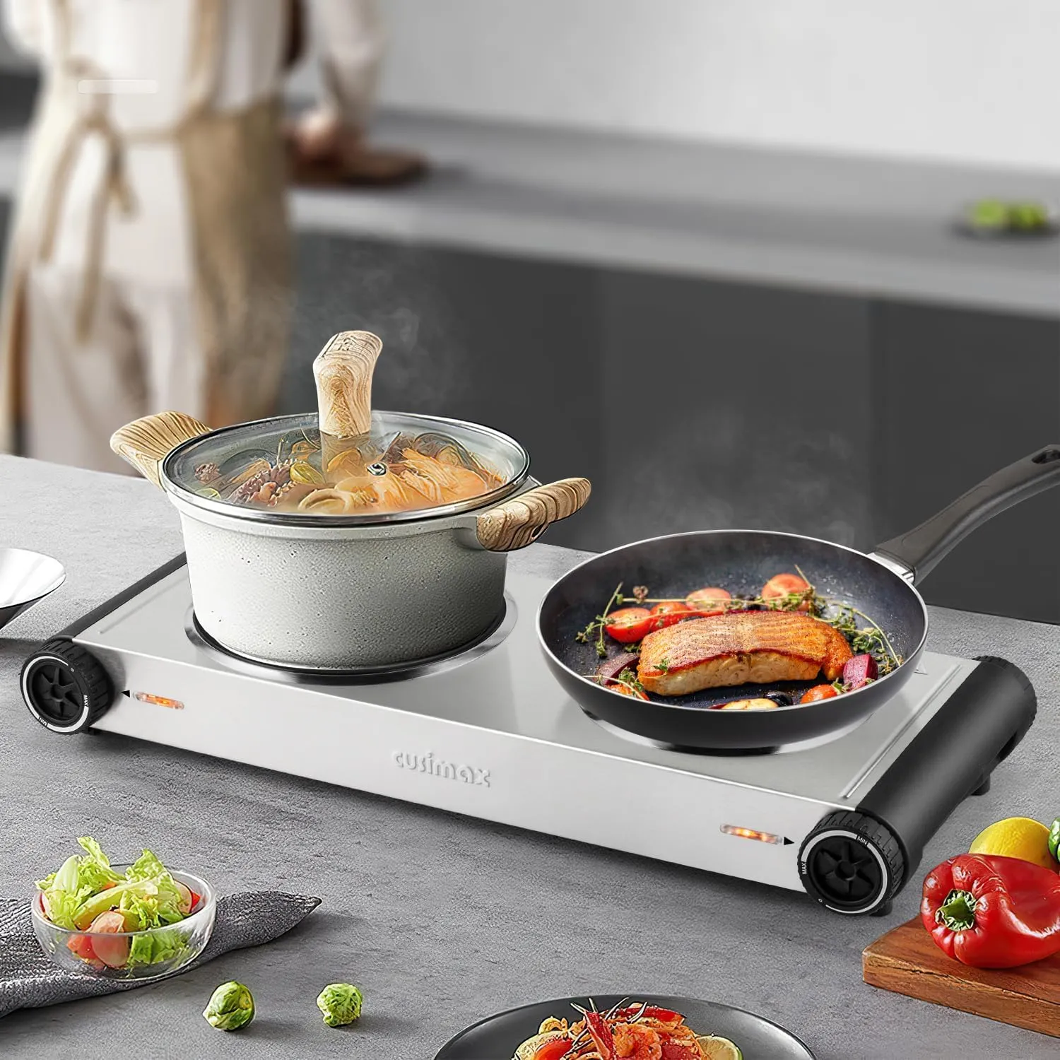 Electric Hot Plate,Cusimax Double Portable Electric Stove,1800w Infrared,Adjustable Temperature Control,Ceramic Glass Cooktop Burner,Compatible Of All Cookware,Stainless Steel,Silver Black