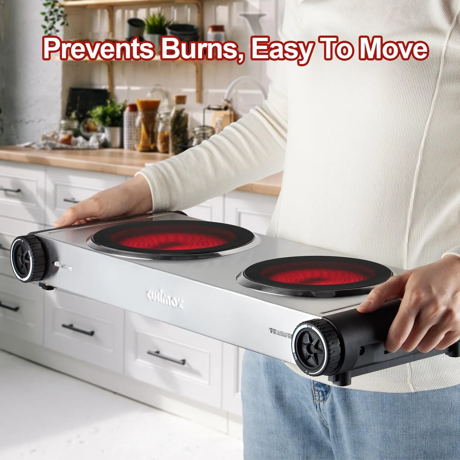 Electric Hot Plate,Cusimax Double Portable Electric Stove,1800w Infrared,Adjustable Temperature Control,Ceramic Glass Cooktop Burner,Compatible Of All Cookware,Stainless Steel,Silver Black