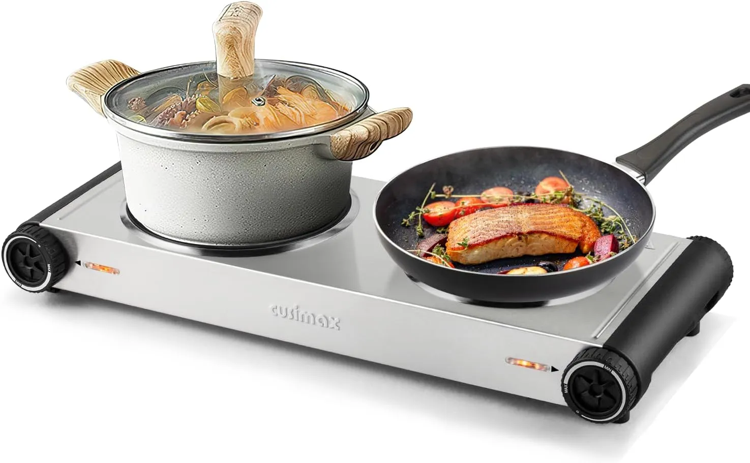 Electric Hot Plate,Cusimax Double Portable Electric Stove,1800w Infrared,Adjustable Temperature Control,Ceramic Glass Cooktop Burner,Compatible Of All Cookware,Stainless Steel,Silver Black