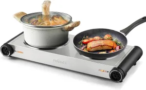 Electric Hot Plate,Cusimax Double Portable Electric Stove,1800w Infrared,Adjustable Temperature Control,Ceramic Glass Cooktop Burner,Compatible Of All Cookware,Stainless Steel,Silver Black