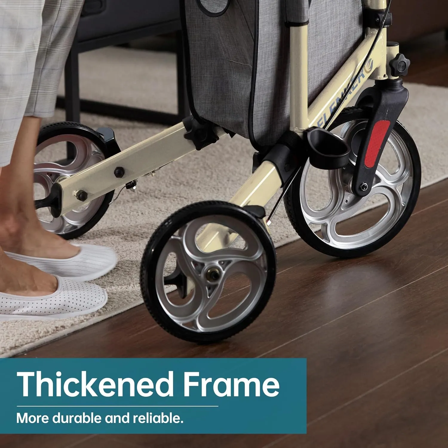 ELENKER 3 Wheel Walkers for Seniors, 3 Wheeled Rollator with 10” Wheels, Narrow Walkers for Small Spaces, Compact Folding, Ideal for Traveling, Champagne