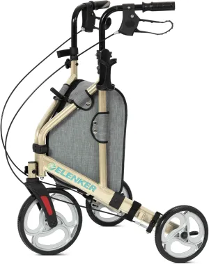ELENKER 3 Wheel Walkers for Seniors, 3 Wheeled Rollator with 10” Wheels, Narrow Walkers for Small Spaces, Compact Folding, Ideal for Traveling, Champagne