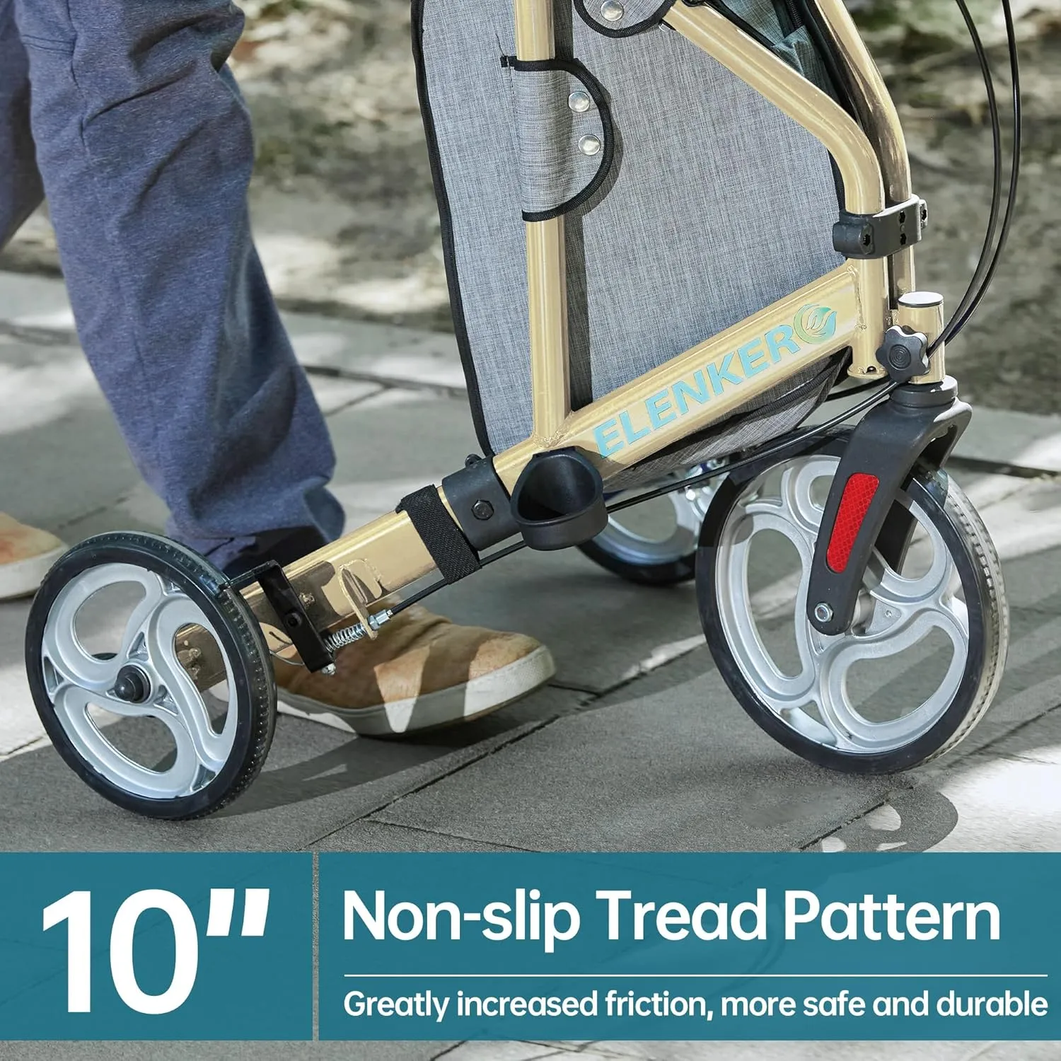 ELENKER 3 Wheel Walkers for Seniors, 3 Wheeled Rollator with 10” Wheels, Narrow Walkers for Small Spaces, Compact Folding, Ideal for Traveling, Champagne