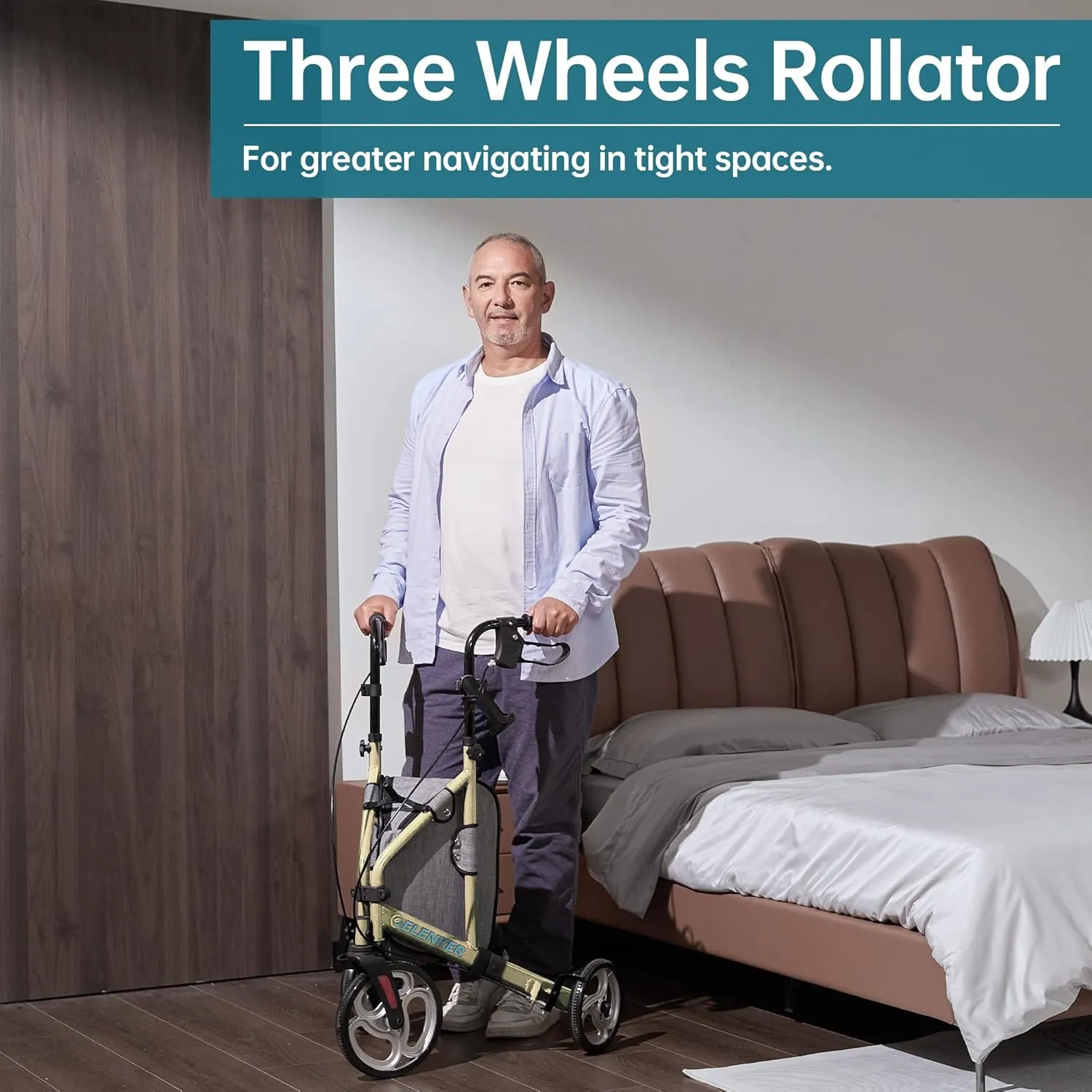 ELENKER 3 Wheel Walkers for Seniors, 3 Wheeled Rollator with 10” Wheels, Narrow Walkers for Small Spaces, Compact Folding, Ideal for Traveling, Champagne
