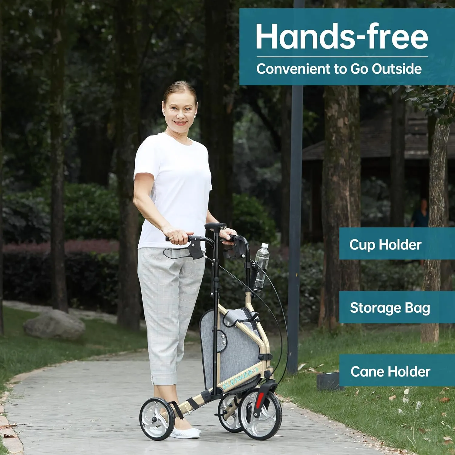 ELENKER 3 Wheel Walkers for Seniors, 3 Wheeled Rollator with 10” Wheels, Narrow Walkers for Small Spaces, Compact Folding, Ideal for Traveling, Champagne