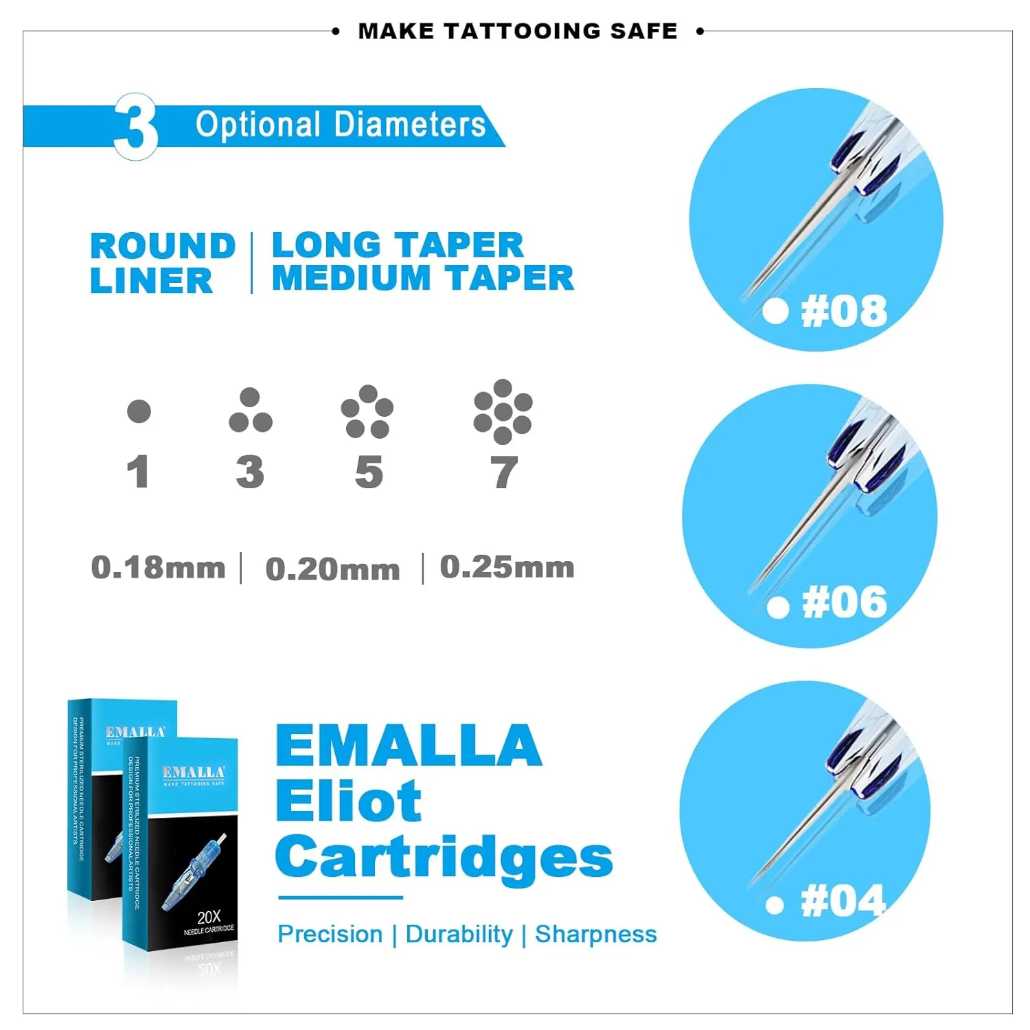 Emalla ELIOT Tattoo Cartridge Needles, 20Pcs Premium Tattoo Needles #10 Bugpin Curved Magnum Tattoo Cartridges 1015CML Tattoo Needles Diameter 0.30mm Long Taper 5.0mm for Machine Tattoo Supplies