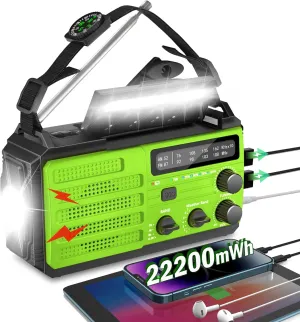 Emergency Radio with Solar & Hand Crank Power, 22200mWh (6000mAh) Crank Radio, NOAA Weather Radio Alert, SOS Alarm, AM/FM, Hand Crank Flashlight, Compass for Tornado, Winter Storm, and Survival Kits