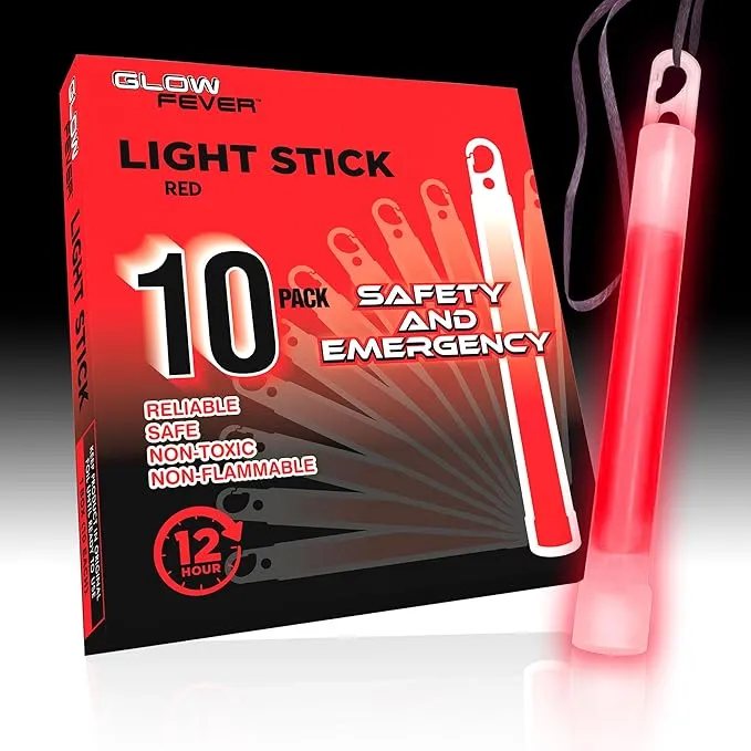 Emergency Safety Military Grade Glow Sticks; 10pcs, 6" Ultra Bright Glow Sticks with 12 Hours Duration. Great for Hiking, Party, Camping, Blackouts, Hurricane, First Aid and Survival Kits (Red)