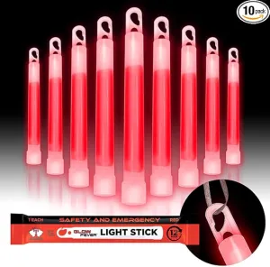 Emergency Safety Military Grade Glow Sticks; 10pcs, 6" Ultra Bright Glow Sticks with 12 Hours Duration. Great for Hiking, Party, Camping, Blackouts, Hurricane, First Aid and Survival Kits (Red)