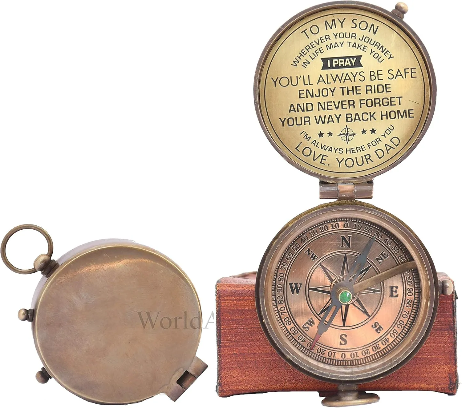 Engraved Brass Antiquated Finish Compass- Handmade Sundial Pocket Compass for Hiking Boating- Antique Poem Compass with Leather Case (Gift for Son)