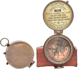Engraved Brass Antiquated Finish Compass- Handmade Sundial Pocket Compass for Hiking Boating- Antique Poem Compass with Leather Case (Gift for Son)