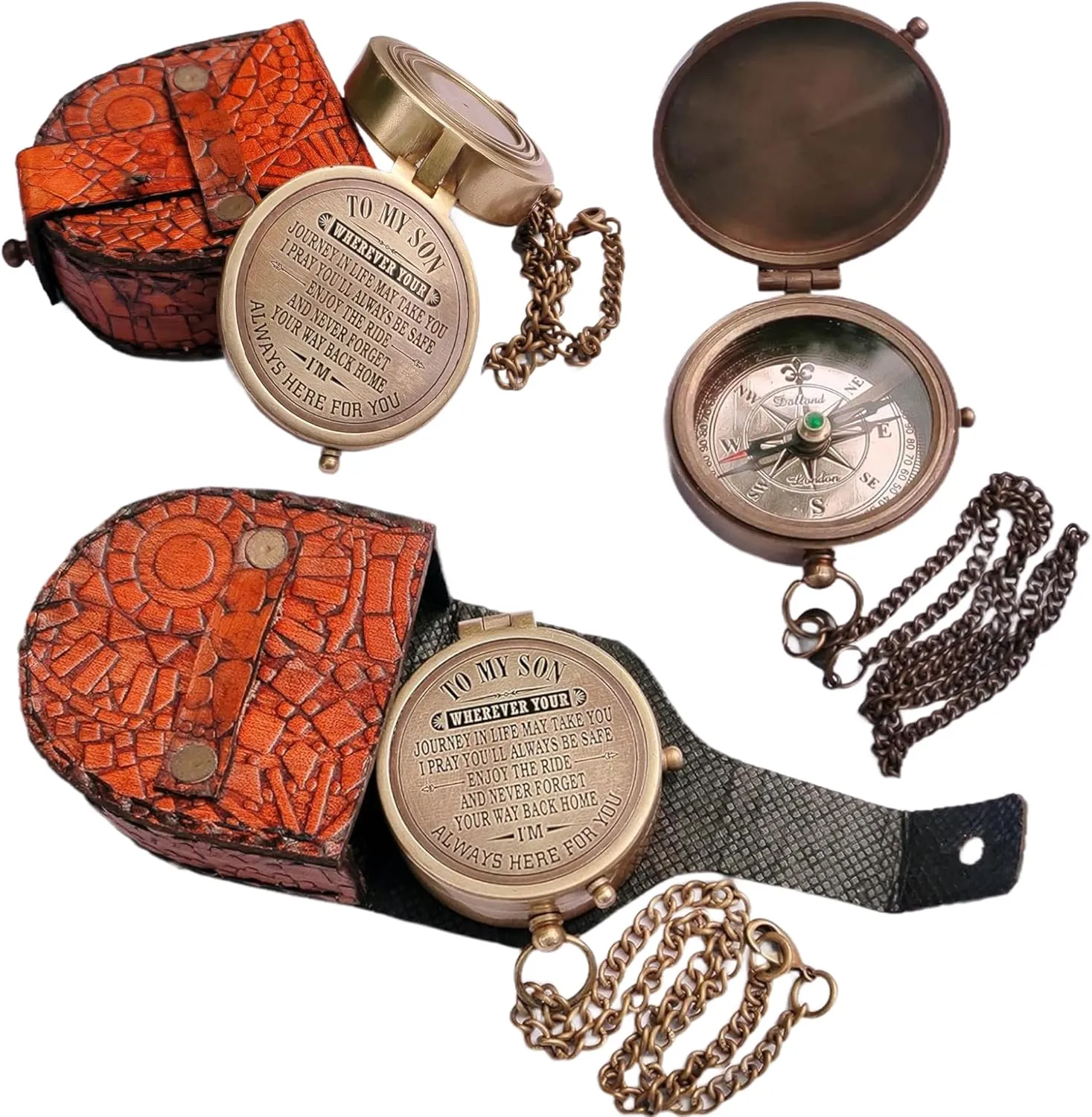 Engraved Brass Compass, Antique Nautical Vintage Directional Magnetic Compass, with Famous Scripture Quote, Baptism Gifts with Leather Case