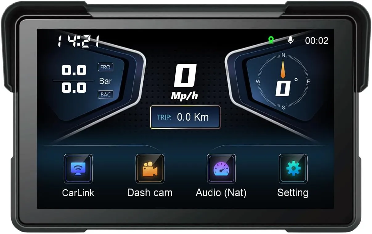 Eonon P6 for Motorcycle CarPlay& Android Auto& Dual Bluetooth,7" Motorbike IPS Screen with Navigation,4K 1K Dual DVR Cameras,TPMS,Speed/Compass/Time Display,IP68 Waterproof,64GB Card