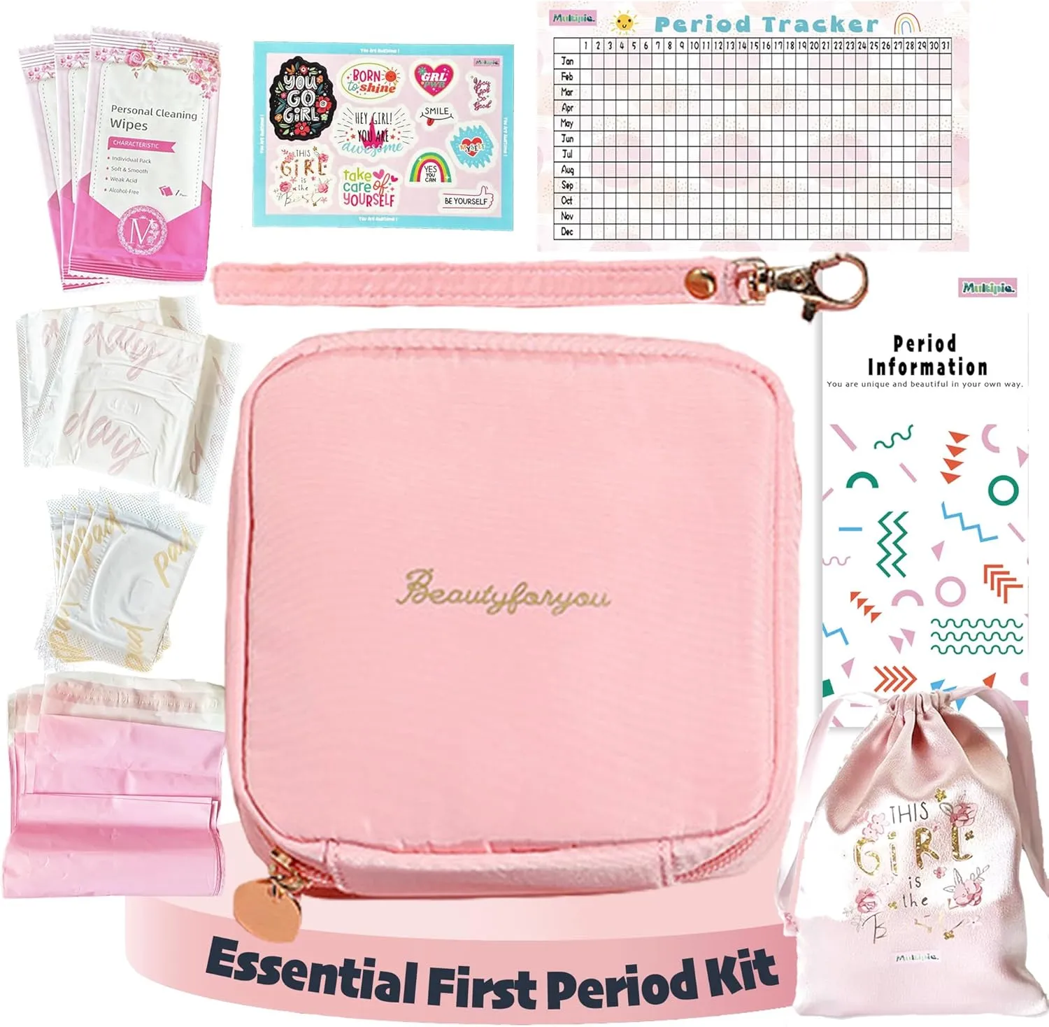 Essential Period Kit for Girls | MultipieYo First Period kit for Girls | Period Bags for Teen Girls | First Period Gift with Sanitary Pad Storage Bag, Wipes, Period Tracker and More