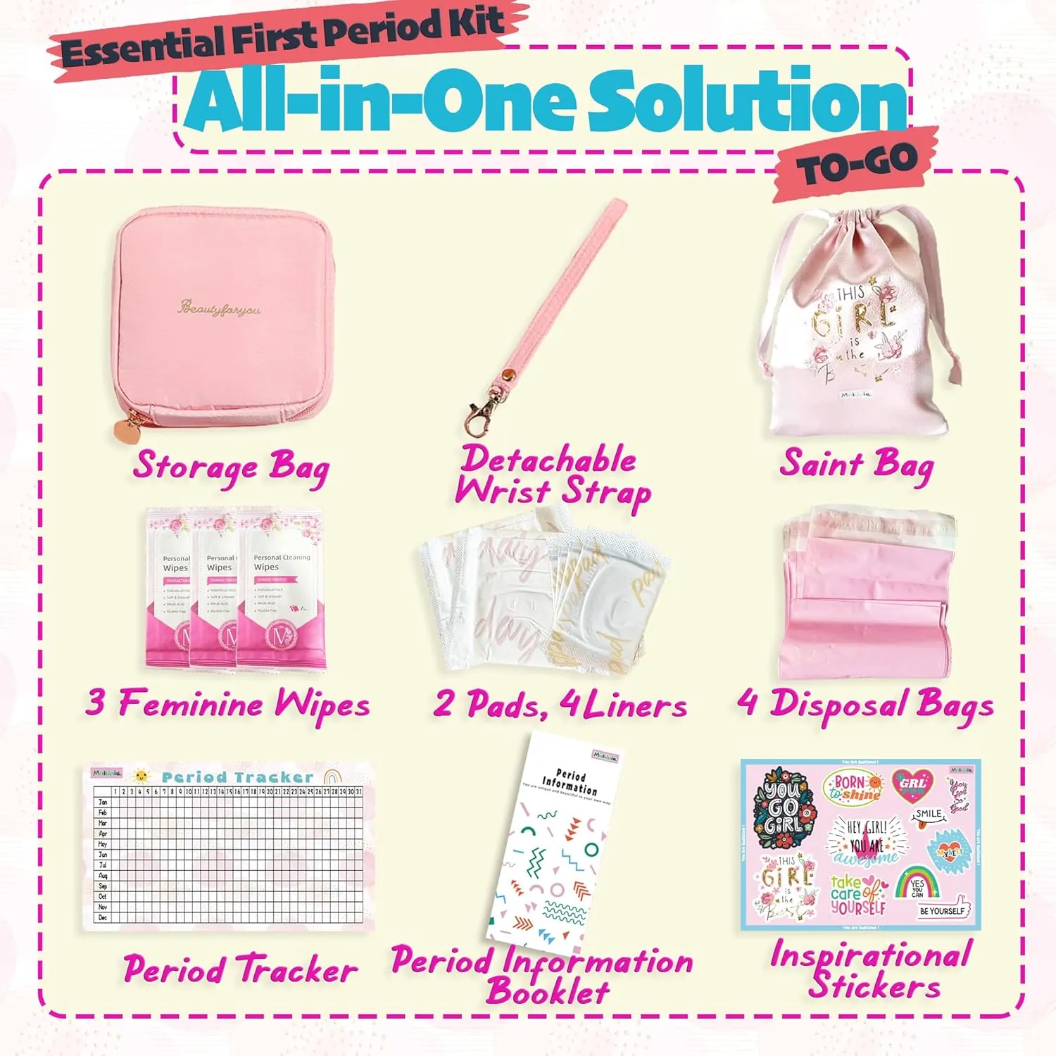 Essential Period Kit for Girls | MultipieYo First Period kit for Girls | Period Bags for Teen Girls | First Period Gift with Sanitary Pad Storage Bag, Wipes, Period Tracker and More