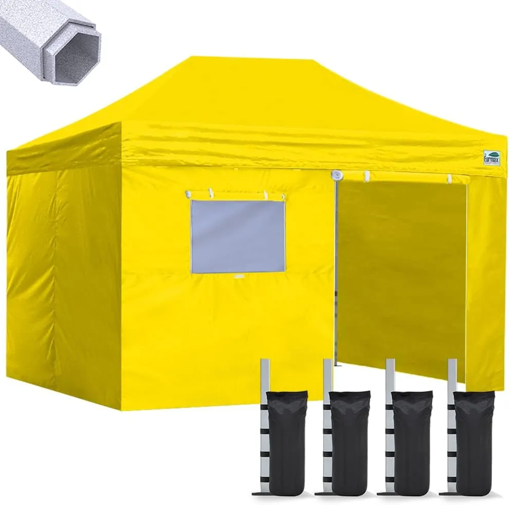 Eurmax USA Premium 10'x15' Pop-up Canopy Tent Party Tent Commercial Instant Canopies Shelter with Removable Sidewalls with Wheeled Carry Bag Bonus 4 Sand Bags(Yellow)
