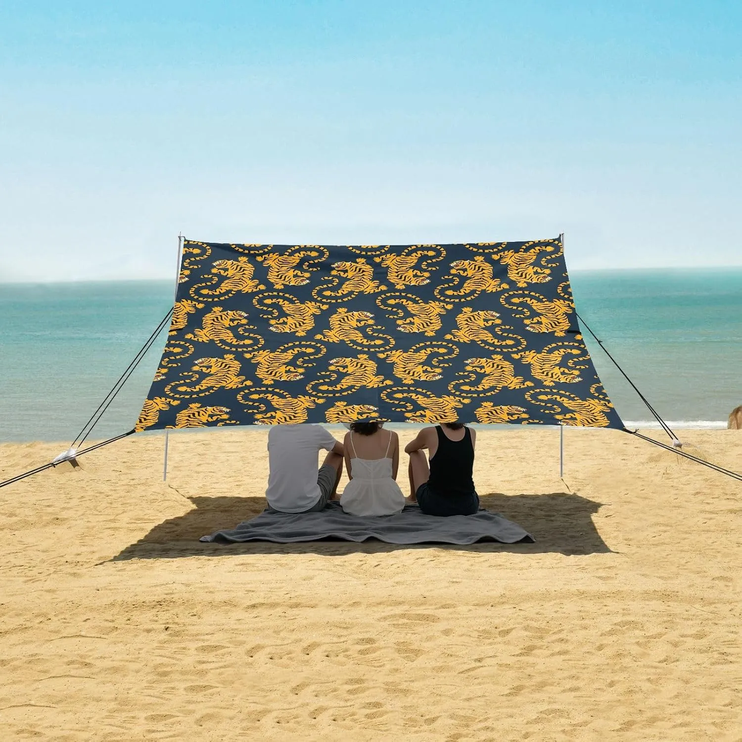 Exotic Cartoon Tiger Silhouette Beach Canopy Tent Anti-UV & Wind Resistant, Camping Sun Shelter Easy Setup Portable,Outdoor Shade Tents with Sandbags,Sand Shovels,Ground Pegs & Stability Poles