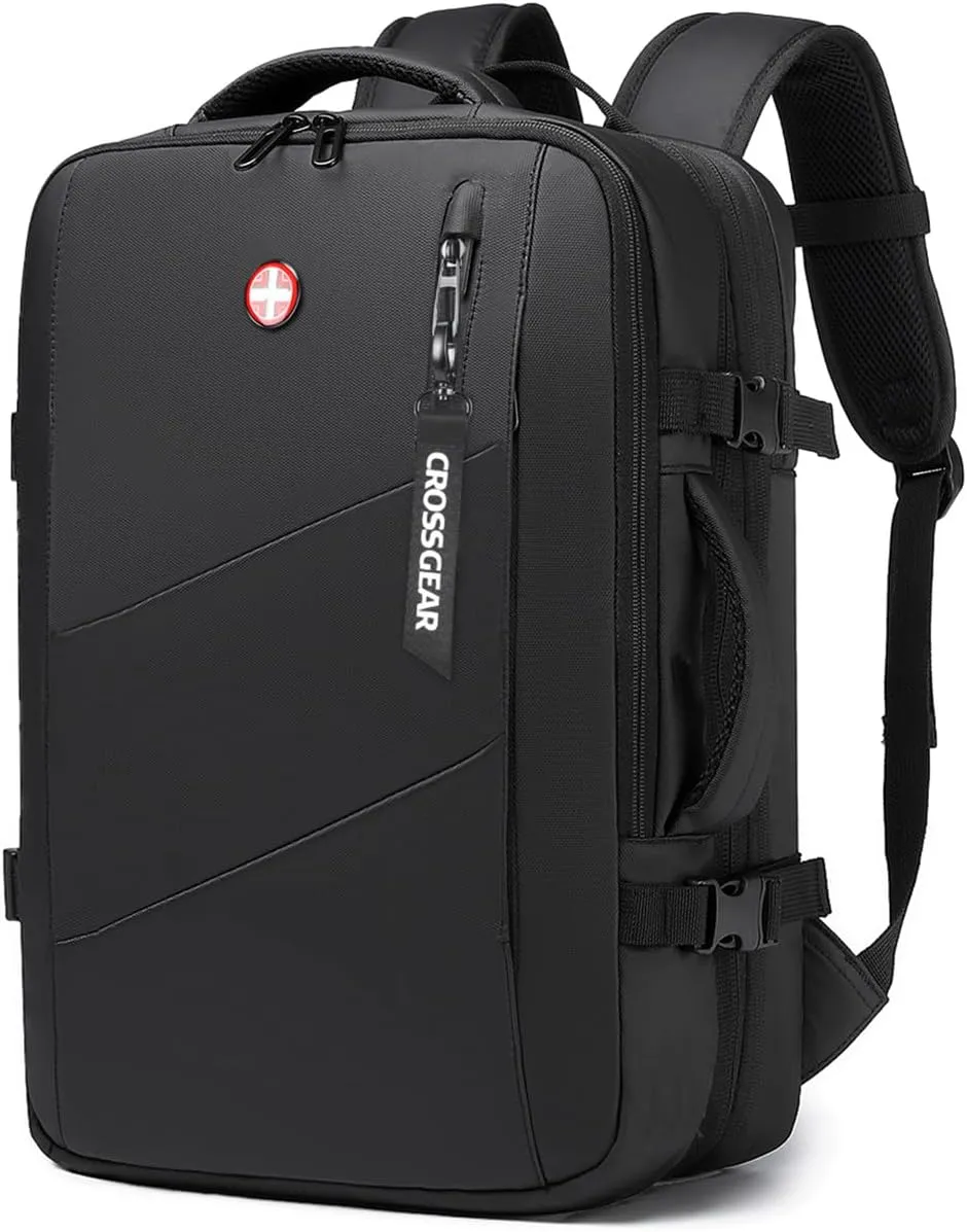 Expandable 25L-35L Travel Backpack,Weekender Carry-On Backpack for Airplanes,Water Resistant​ 17.3 Inch Laptop Backpack with USB Charging Port for Men - Black