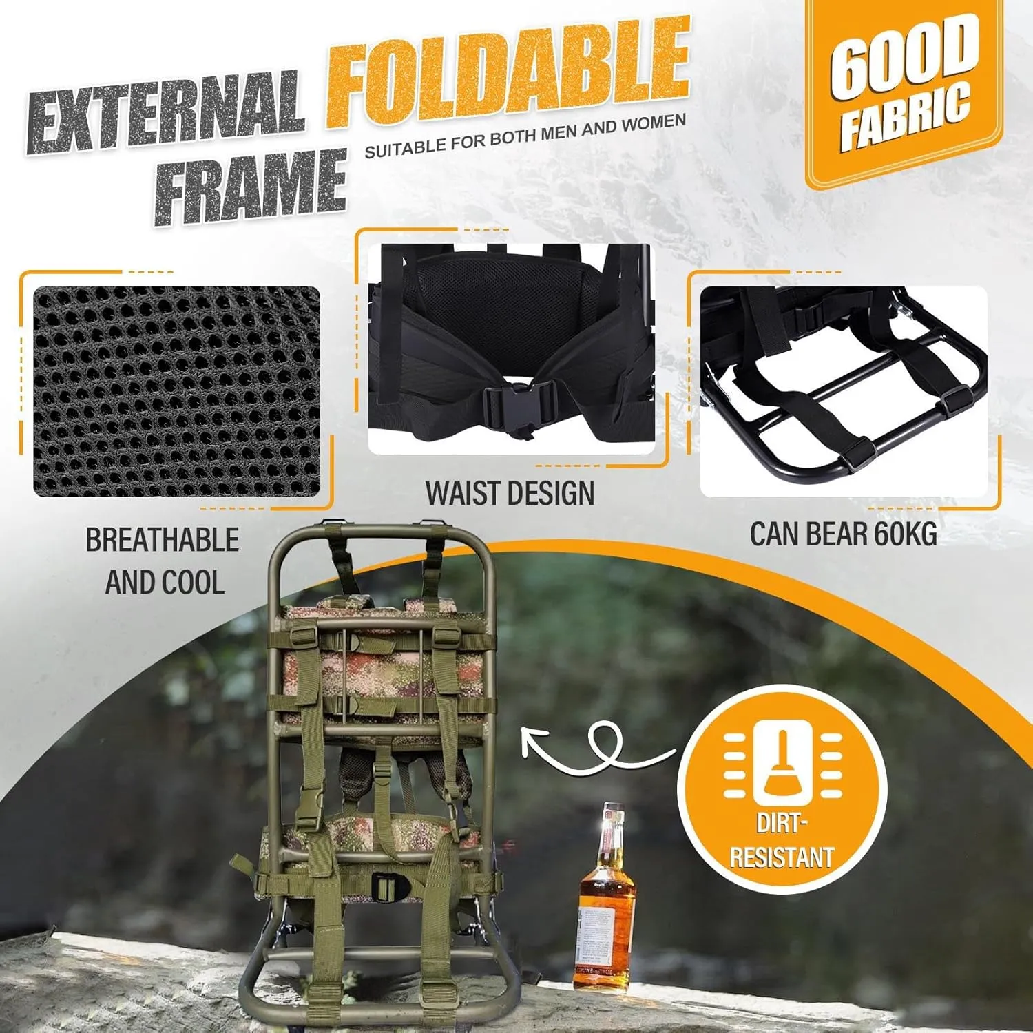 External Frame Hiking Backpack - Foldable Aluminum Hunting Pack Frame │ 60kg Load Capacity │ Adjustable Top Frame & Breathable Mesh For Camping, Hiking, Travel (Camouflage)