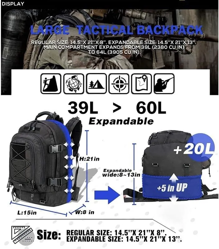 Extra Large 60L Tactical Backpack for Men Women Outdoor Water Resistant Hiking Travel Laptop Bag(G)