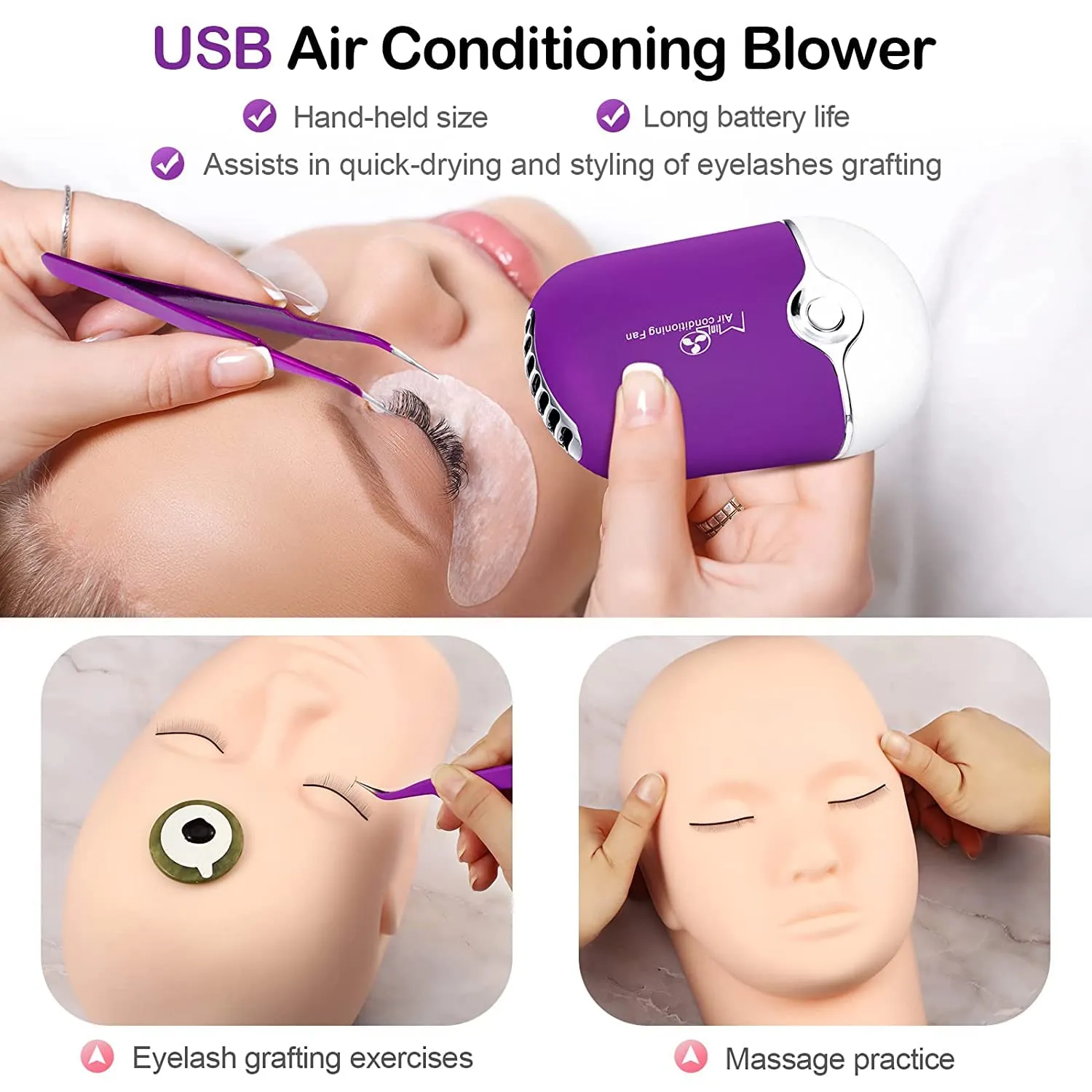 Eyelash Extension Supplies Lash Extension Kit for Beginner USB Lash Fan 0.1D Curl Mix 8-12mm Lash Silicone Pad Tweezers Under Eye Gel Pad Micro Brush Wash Bottle Mascara Brush Glue Ring (Purple)