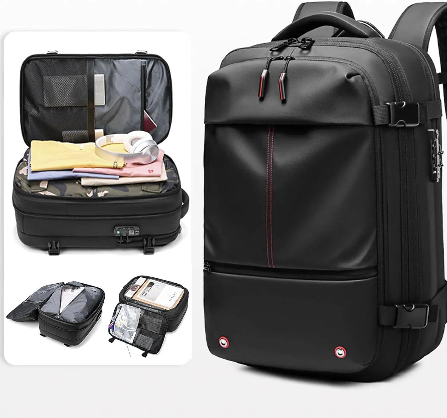 Ezy Vac Backpack, Spacevac backpack, 60L Expandable Spacevac Pro Backpacks Water Resistant Anti Theft Travel Business (Black Pump)