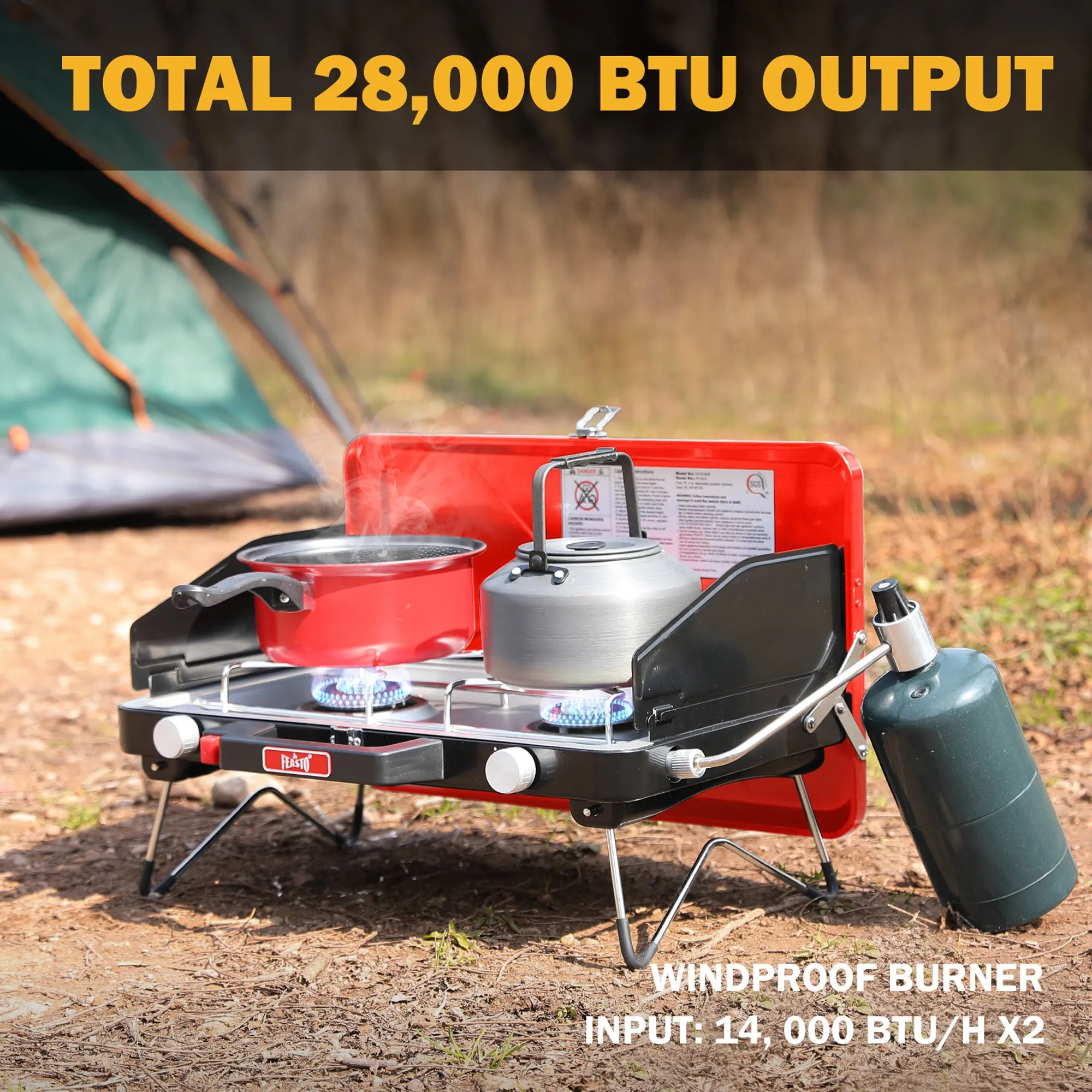 FEASTO Propane Camping Stove with Two Adjustable High Power Windproof Burners and Two Folding Legs Convenient for Outdoor Camping Picnic L22.8’’x W14.1’’x H13.6’’ (Red)