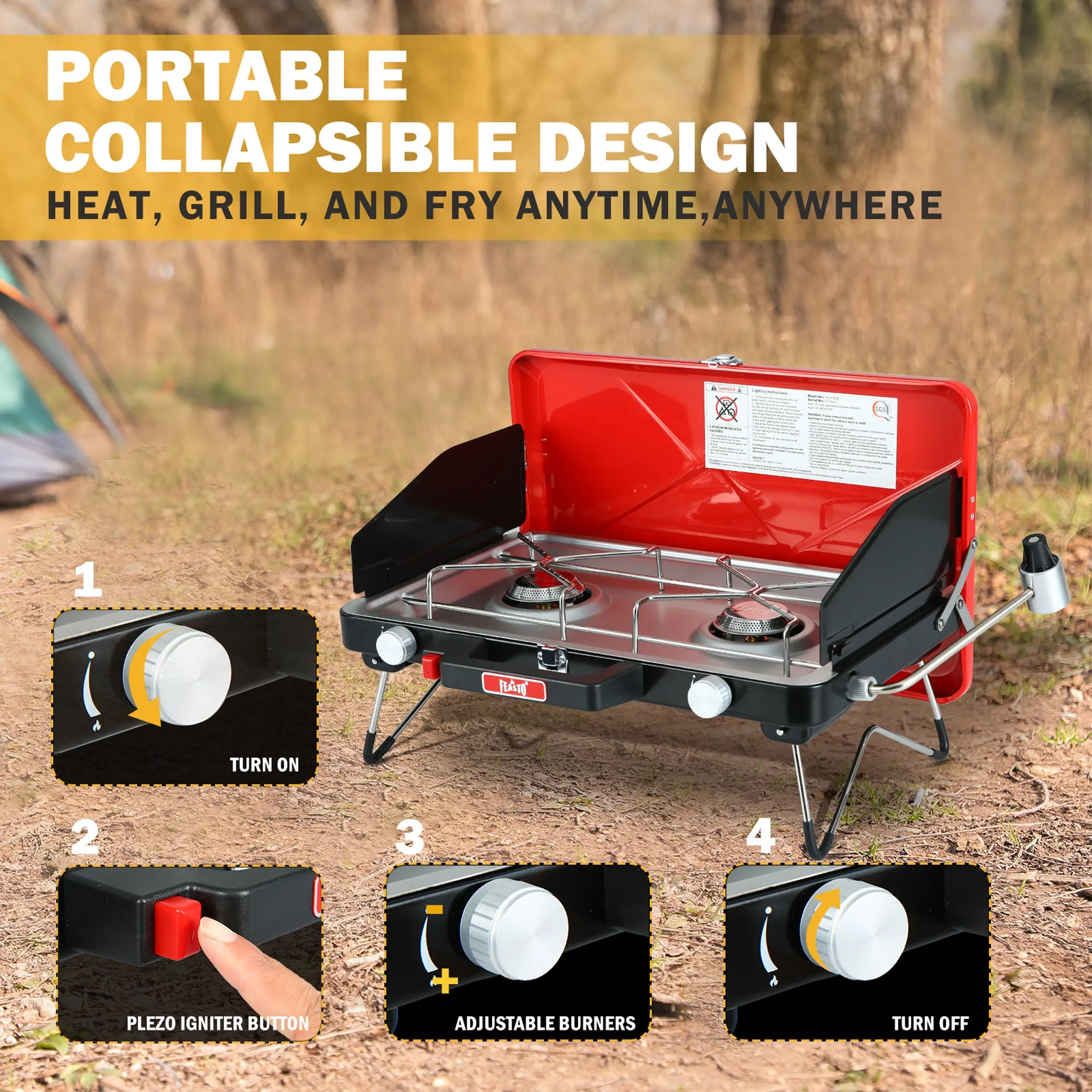 FEASTO Propane Camping Stove with Two Adjustable High Power Windproof Burners and Two Folding Legs Convenient for Outdoor Camping Picnic L22.8’’x W14.1’’x H13.6’’ (Red)
