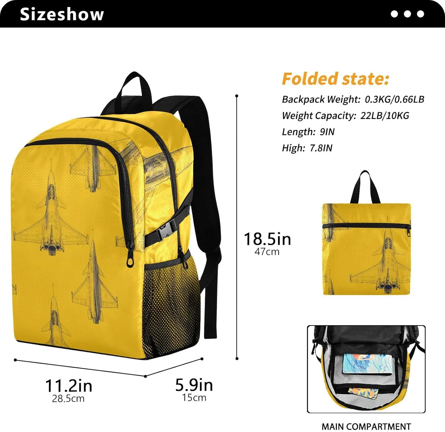 Fighter Jet Print Backpack - Tactical Foldable Bag with Metal Zippers, 28.5 * 47cm Durable Travel Pack for Men's Outdoor Adventures