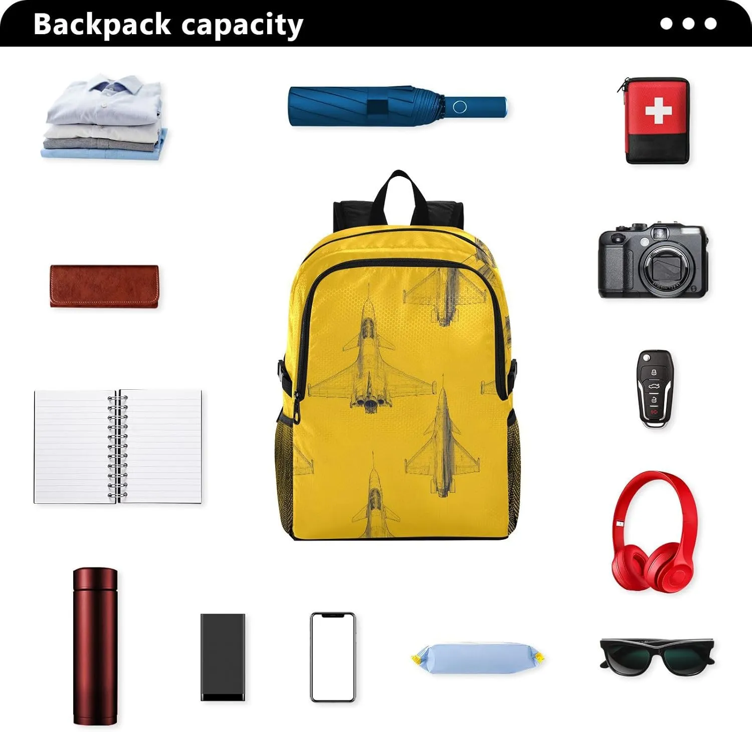 Fighter Jet Print Backpack - Tactical Foldable Bag with Metal Zippers, 28.5 * 47cm Durable Travel Pack for Men's Outdoor Adventures