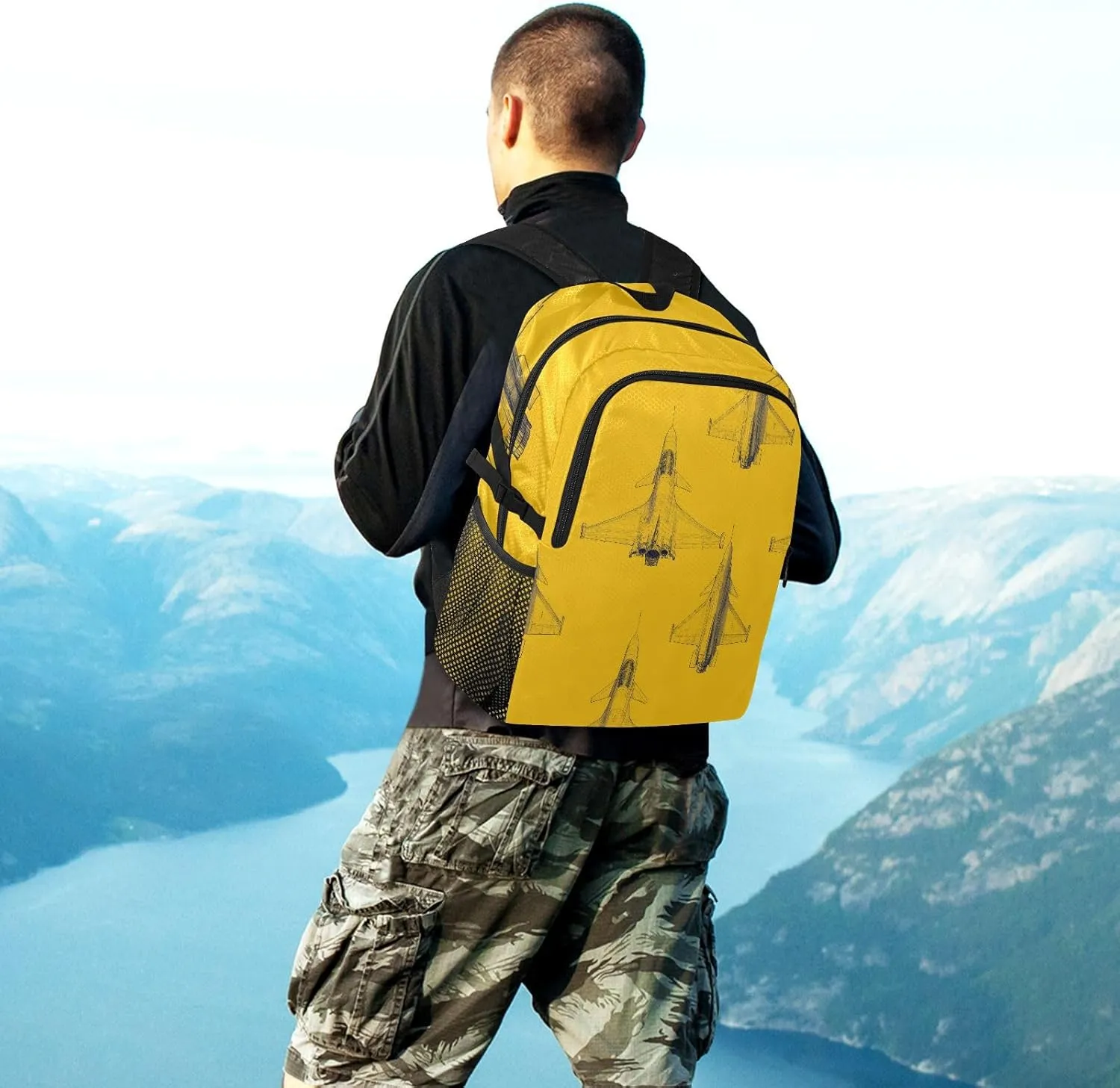 Fighter Jet Print Backpack - Tactical Foldable Bag with Metal Zippers, 28.5 * 47cm Durable Travel Pack for Men's Outdoor Adventures