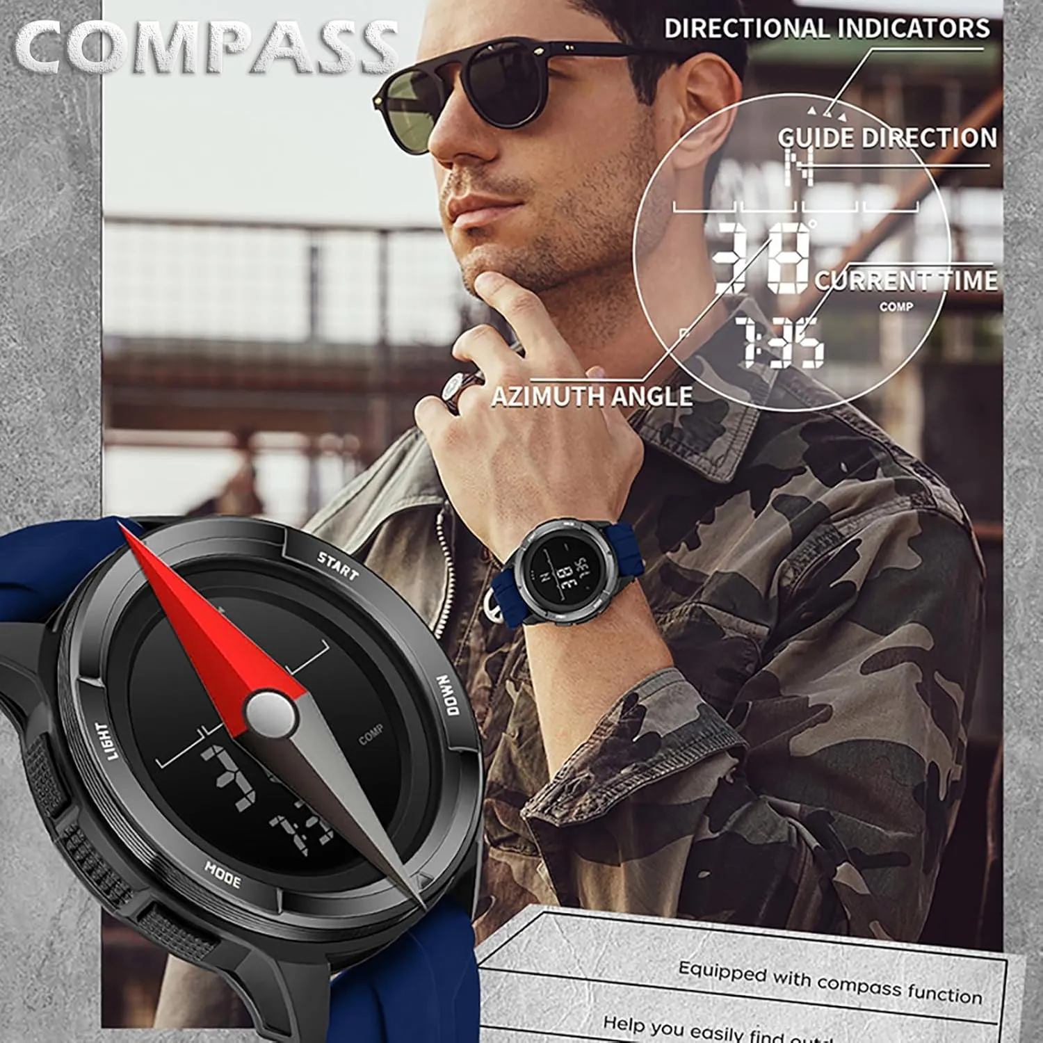 findtime Compass Tactical Watches for Men Women with Metronome Step Counter Countdown Dual Time Alarm Stopwatch Rubber Strap Lightweight Digital Waterproof Watch Orange