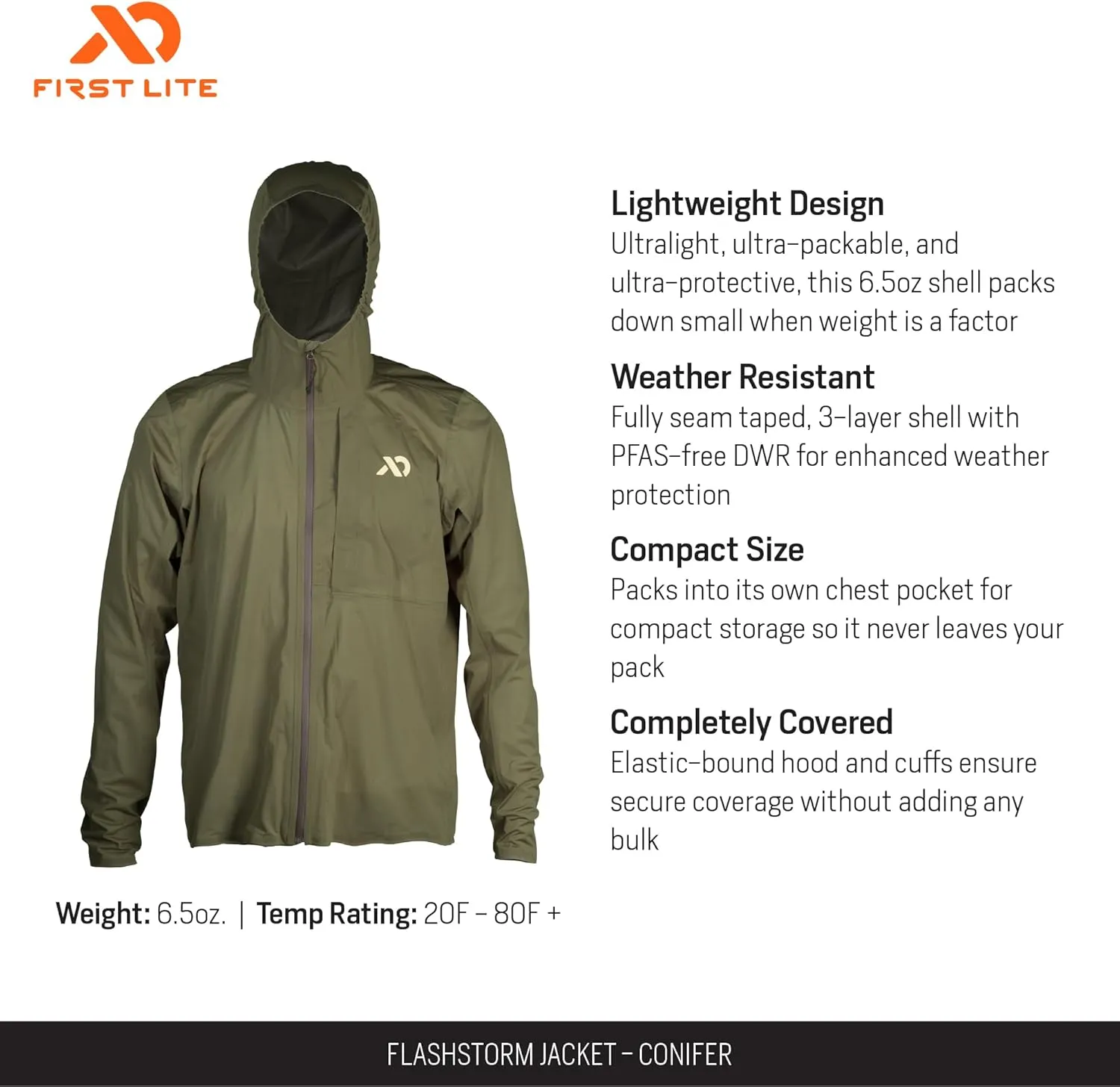First Lite Men’s FlashStorm Jacket - 3-Layer Ultralight Waterproof Rain Coat for Hunting & Fishing