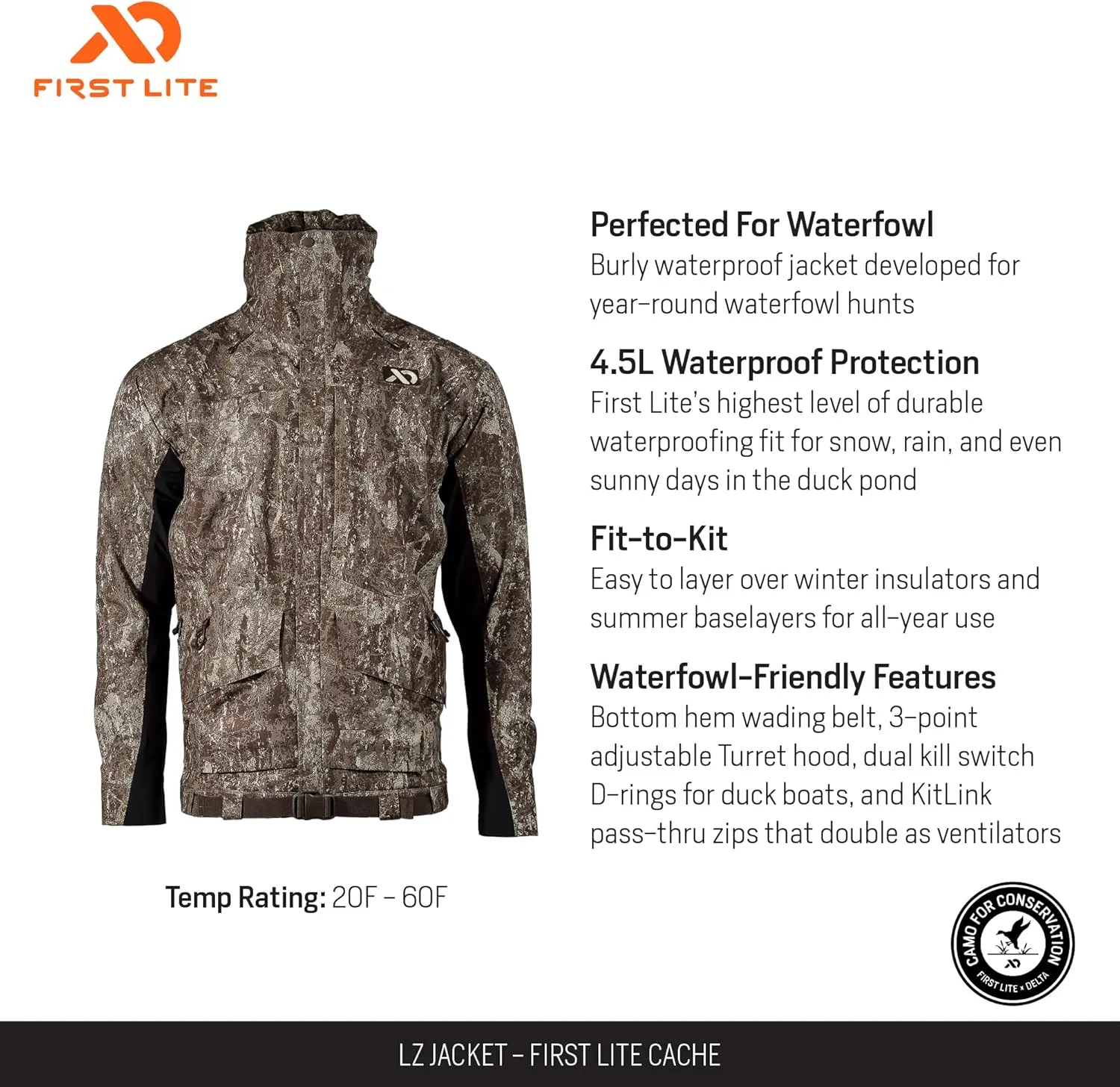 First Lite Men's LZ Jacket - Waterproof Breathable Camo Duck Hunting Shell