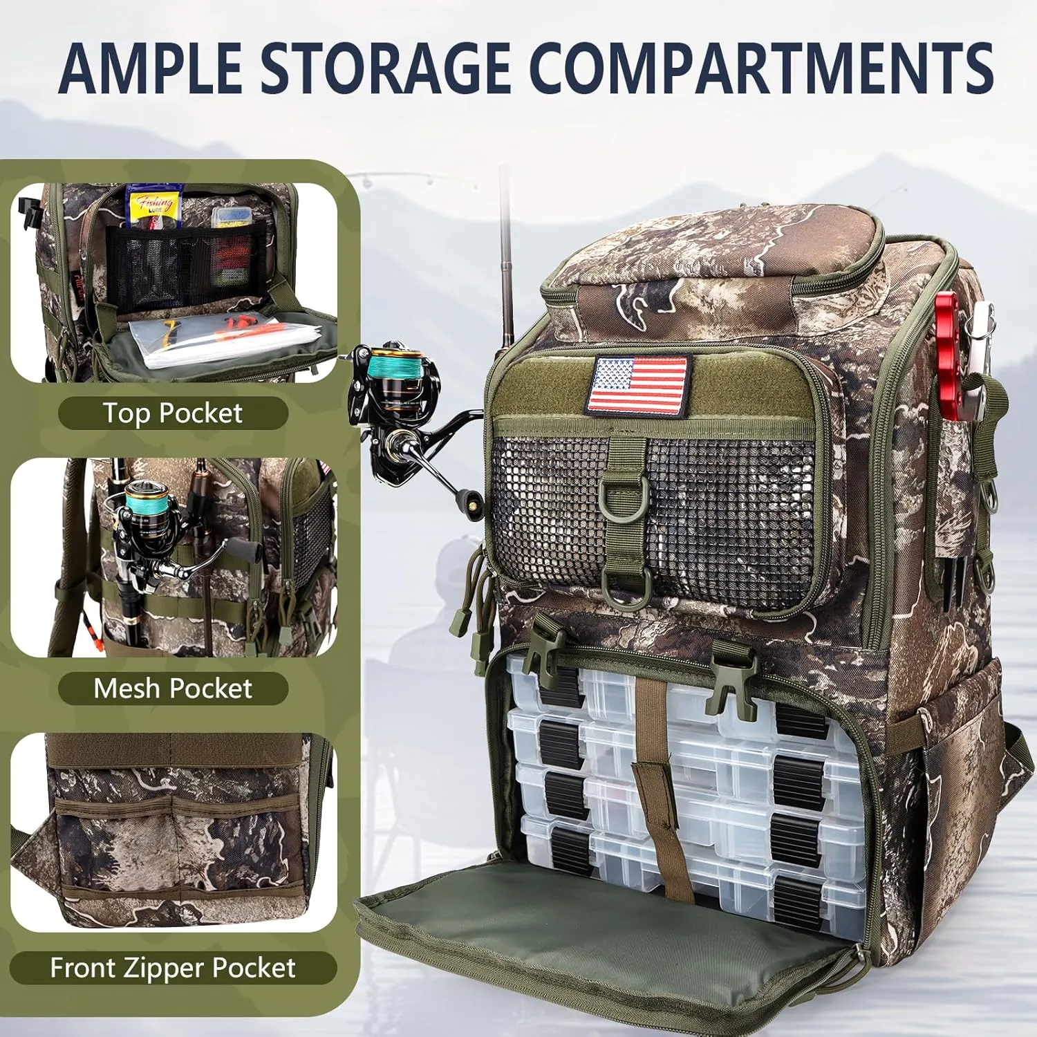 Fishing Backpack with Rod Holders, Ultimate Tackle Box Bakpack for Men, 42L Large Tackle Bag Store Fishing Gear