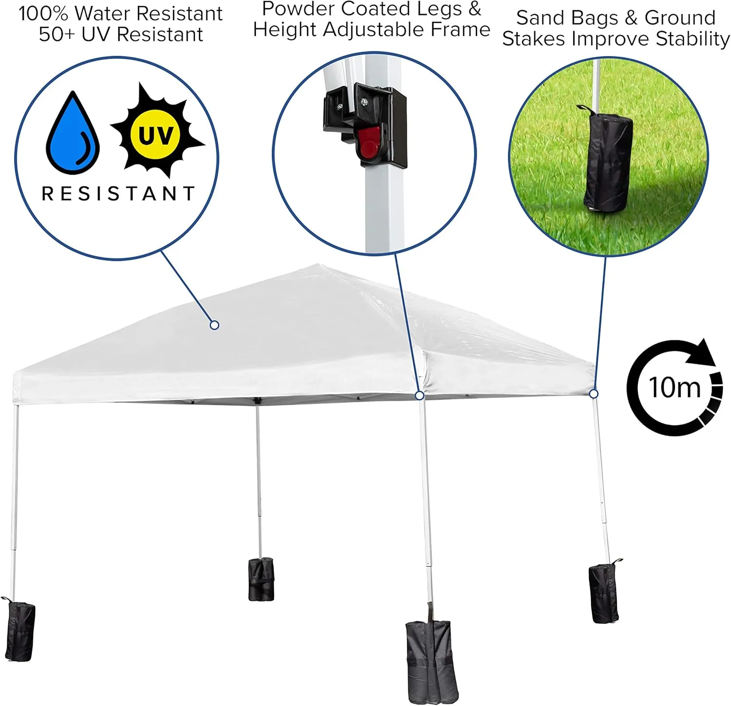 Flash Furniture Harris 10'x10' White Pop Up Event Straight Leg Canopy Tent with Sandbags and Wheeled Case