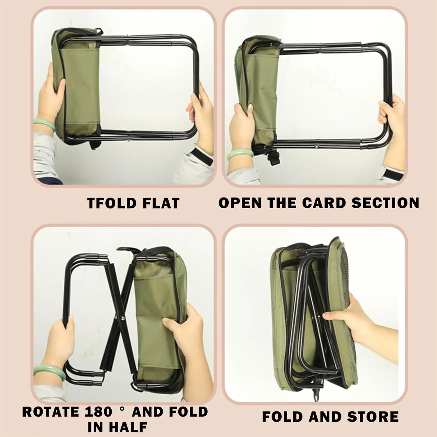 Foldable Backpack Stool, Load Capacity up to 120kg, Folding Mini Outdoor Camping Stool with Adjustable Strap, Backpack Seat with Storage for Fishing Travelling Picnics (Khaki, Small)