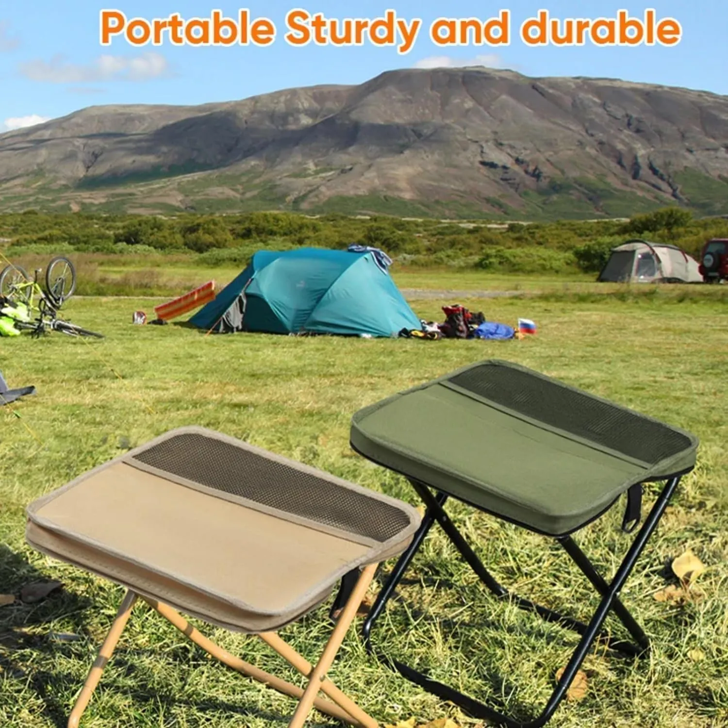 Foldable Backpack Stool, Load Capacity up to 120kg, Folding Mini Outdoor Camping Stool with Adjustable Strap, Backpack Seat with Storage for Fishing Travelling Picnics (Khaki, Small)