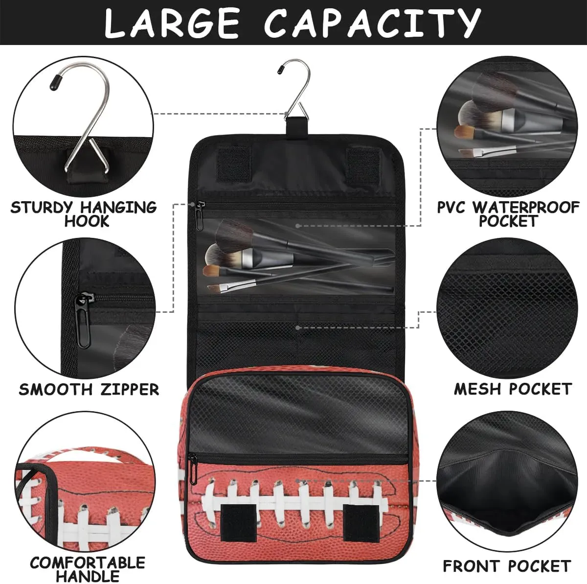 Football Hanging Travel Toiletry Bag for Kids, Women Cosmetic Organizer Makeup Bag Pouch Men Shaving Dopp Kit Shower Bag With Sturdy Hook