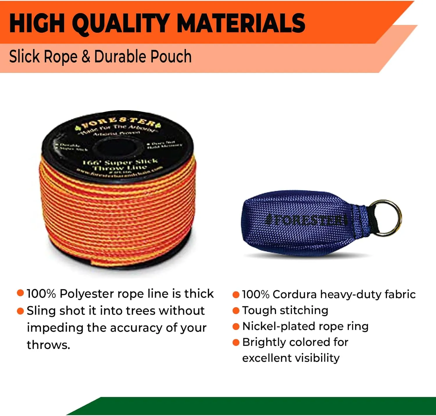 FORESTER Arborist Throw Line Kit - Ultra Slick 100% Polyester Rope with Weighted Throw Bag | Forestry Tree Gear for Low and High Limb Throwing | 3/16 Inch Thick Rope